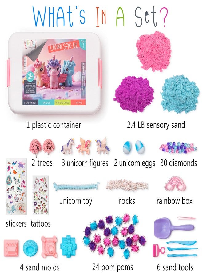 Kipipol Unicorn Sensory Bin for Toddlers 3-4, 5-7 Magic Sand Art Kit w Sandbox, 2.4 LB of Sensory Sand, 10 Sand Toys, 4 Unicorn Toys for Girls Age 4-6, 6-8 Christmas & Birthday Gifts for Girls - Image 2